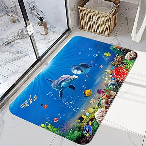 Blue Dolphin Ocean Print 17MM Thick Memory Foam Bathroom Carpet Mat Non-Slip Absorbent Super Bath Mats Comfortable Flannel Bathroom Bed Rug 35 X 2...