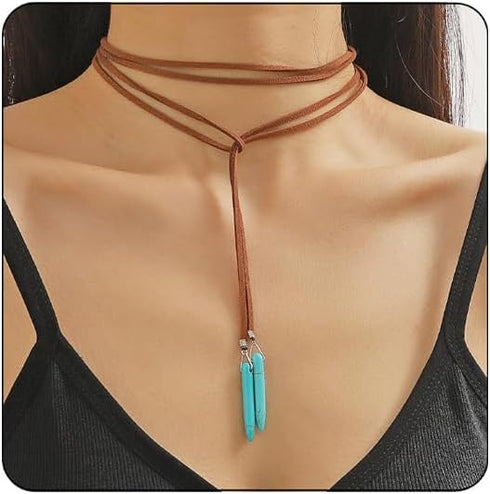 INENIMARTJ Boho Leather Necklaces for Women Suede Choker Necklace Vintage Bohemian Turquoise Necklace Layered Leather Choker Y-Necklaces Trendy We...