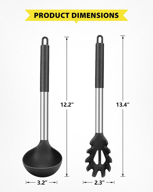 Silicone Pasta Fork and Soup Ladle Set, Non-Stick BPA Free Heat-Resistant Handy Kitchen Utensils for Cooking, Serving, Draining, Stirring (Black)...
