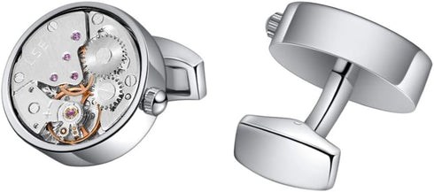 Mr.Van Men's Cufflinks - Rhodium-Plated Brass Steampunk Gear Design, Non-Rotating Watch Movement - Gift Box Included...