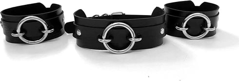 Men's Black Wide Faux Leather Collar Choker Adjustable Thick PU Necklace for Women,Alloy Metal Big Round Ring Charm...