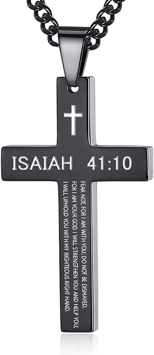 Inspirational Bible Verse Cross Necklace for Men Boys, Stainless Steel Plain Black Silver Cross Pendant Necklace for Men 20-24 Inches Curb Chain F...