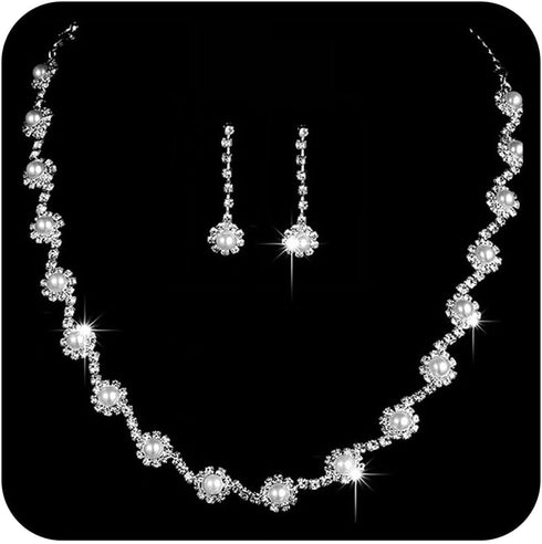 Wedding Brides Necklace Earrings Set Sliver Pearl Necklaces Bride Rhinestones Jewelry Set Crystal Choker Necklace Bridal Accessories for women...