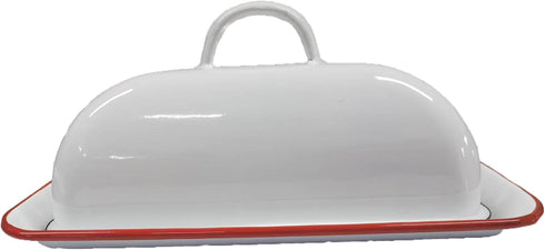 Vintage Farmhouse Red Rim Enamel Butter Dish - Vintage Retro Keeper for Kitchen, Countertop & Fridge – Unique Handmade White Container for West/Ea...