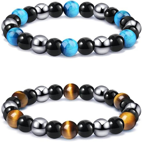 SOOWOOT 2-4Pcs Triple Protection Bracelet - Tiger Eye & Obsidian & Hematite Triple Bracelet Bring Protect Good Luck and Prosperity for Men Women...