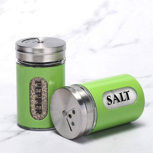 Salt and Pepper Shakers Stainless Steel and Glass Set with Adjustable Pour Holes (Green)...