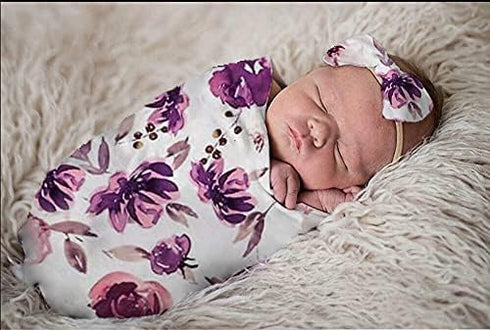 Baby Swaddle Blanket Newborn Girl Swaddle and Headband Set Purple Flowers Floral Print Wrap Shower Gift...
