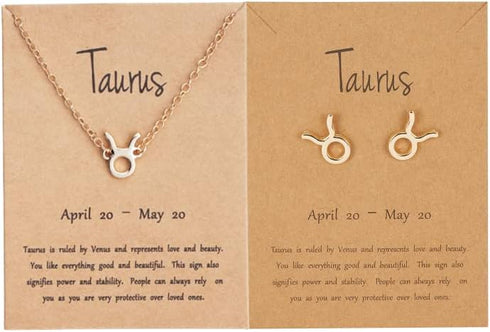 COLORFUL BLING Card Packaging Horoscope Zodiac Stud Earrings Necklace Set 12 Constellation Astrology 18K Gold Plated Little Ear Stud Friendship Ex...
