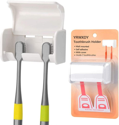 Toothbrush Holder Wall Mounted with Cover, Self Adhesive Toothbrushes Holder Perfect for Dorm Bathrooms and Shower, Holds 2 Toothbrushes...