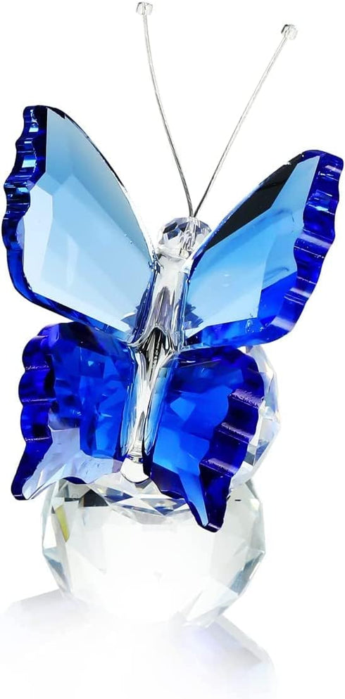 H&D Crystal Flying Butterfly with Crystal Ball Base Figurine Collection Cut Glass Ornament Statue Animal Collectible (Blue)...