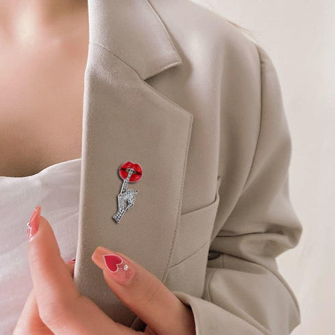 Sexy Red Lips Brooch Rhinestone Quiet Gestures Statement Brooches Lapel Pins Elegant Dress Accessories Suit Tie Art Deco Fashion Cubic Zirconia Je...