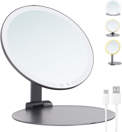 MILEDUO Rechargeable Travel Makeup Mirror with Lights, 6.3 inch Foldable Compact Mirror 850mAh Battery, 3 Color Light Touch Screen for Travel and ...