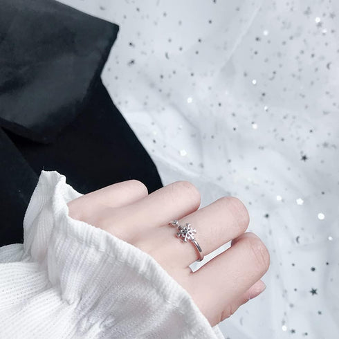 Dainty CZ Snowflake Open Statement Rings Sterling Silver 925 Adjustable Crystal Cubic Zirconia Winter Flower Tail Finger Band Promise Engagement R...