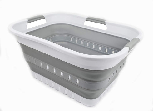 SAMMART 30L (8 gallon) Collapsible 3 Handled Plastic Laundry Basket - Foldable Pop Up Storage Container/Organizer - Space Saving Hamper/Basket (Wh...