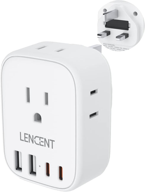 LENCENT US to UK Ireland Travel Plug Adapter, Grounded Type G Outlet Adaptor with 4 USB Charger(2 USB C), 4 Outlets Converter for USA to Dubai Sco...
