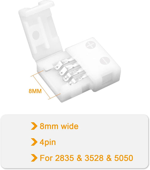 VIPMOON 20 Pack 4 Pin RGB 8mm Solderless Connectors Adapter for SMD 2835 3528 Multicolor Non-Waterproof LED Strip Light (8mm)...