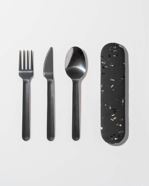 W&P Porter Stainless Steel Utensils with Silicone Carrying Case | Terrazzo Charcoal | Spoon, Fork & Knife for Meals on the Go | Portable and Compa...