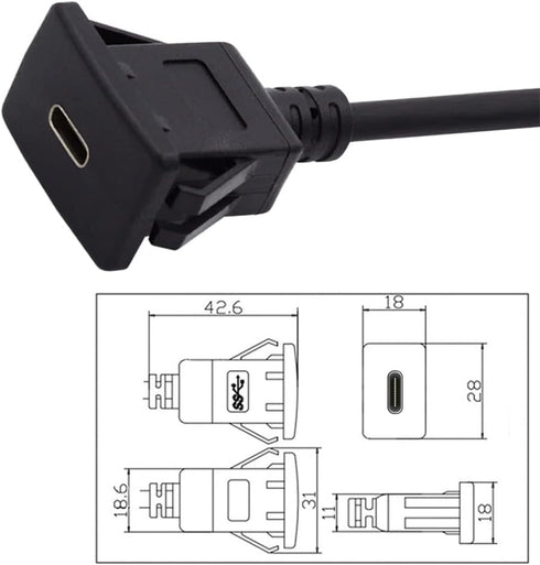 NFHK Waterproof Dustproof USB-C Type-C USB 3.1 10Gbps Extension Flush Car Latch Mount Extension Cable for Dashboard Panel...