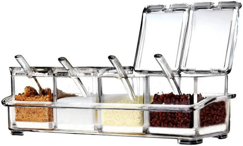 Seasoning Box, Seasoning Rack Spice Pots, Storage Container Condiment Jars, 4 Piece Clear Acrylic Cruet with Cover and Spoon Transparent...