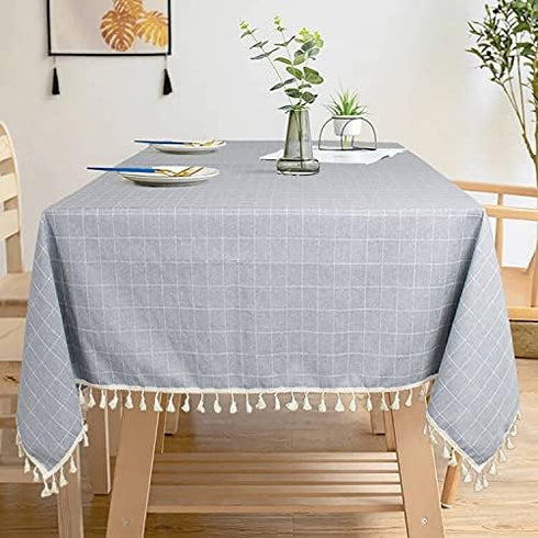 ShinyBeauty Embroidered Tablecloth - Premium Cotton Linen Farmhouse Decor for Kitchen/Dining Table, 55"x55", Grey Solid with Handmade Tassel Trim ...