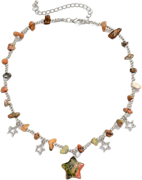 Boho Beaded Stars Choker Necklace Cute Kawaii Colorful Beads for Women,Irregular Raw Stones Necklace Chain Link Necklace Trendy Beachy Fashion Ast...