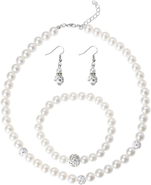 Pearl Earrings Bracelet Necklace Set Black and White Necklace Faux Pearl Bracelet Simulated Pearl Drop Earrings Bride Rhinestone Crystal Necklace ...