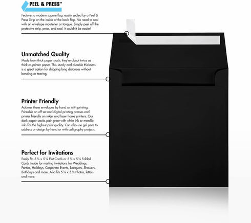 LUXPaper Square Invitation Envelopes | Peel & Press | 6" x 6" | Black Linen | 80lb. Text | 50 Qty...