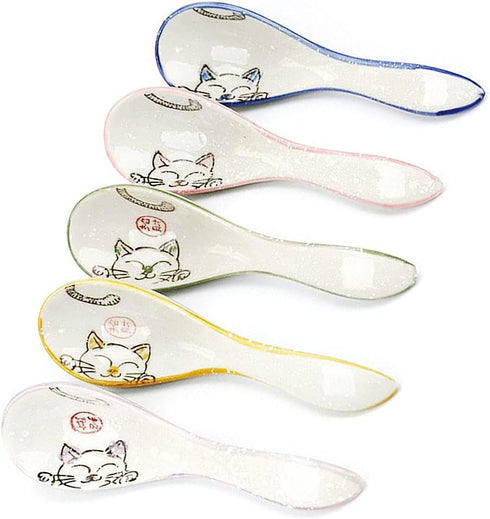 5pcs Ceramic Soup Spoons Lucky Cat Hand Painted Dessert Spoons...