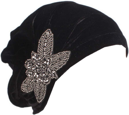 Qhome Fashion Women's Elegant Soft Velvet Turban Beanie with Beaded Flower Hat Chemo Cap Liner for Cancer Hair Loss Ladies...