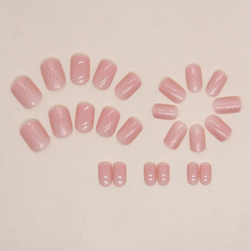 24Pcs Pink Press on Nails Short Square Fake Nails Pink Glitter Full Cover Artificial Nails Glue on Nails Nude Glossy Designs Nails Art Supplies Co...