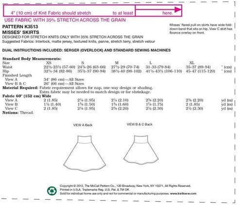 Kwik Sew K3513 Skirts Sewing Pattern, Size XS-S-M-L-XL...
