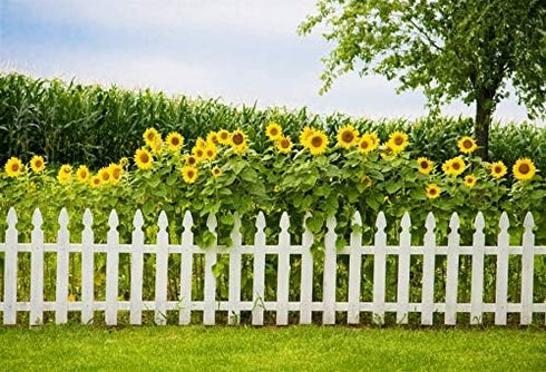 Leyiyi Spring Natural Scenery Backdrop 5x3ft Photography Backdrop Blossoming Yellow Sunflowers Tall Lush Tree White Wooden Textured Fence Family C...