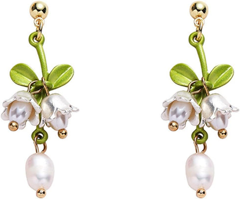 Caiyao Lily of the Valley Rose Flower Leaf Necklace Drop Dangle Earring Bracelet Set for Women Mom Friend Mother Vintage Tassel Chain Necklace Bri...