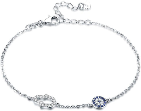 Blue Evil Eye Hamsa Hand Bracelet in Sterling Silver 925 with Cubic Zirconia CZ and 7"+1.5" Cable Chain...