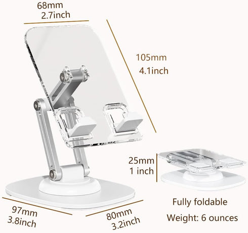 Phone Stand, Acrylic Phone Stand for Desk 360-Degree Rotation Cell Phone Holder with Sturdy Metal Base, Aluminum alloy arm, Compatible Most Phones...