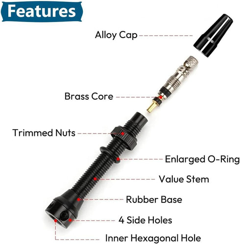 2pcs 44mm Presta Tubeless Valve Stem Aluminum Alloy Tubeless Valves with Presta Valve Core Remover Tool and Valve Stem Caps for Tubeless Tires Roa...
