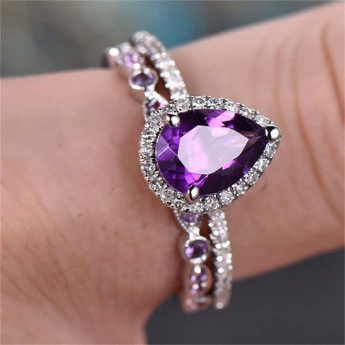 HaoMo 2 Pcs Gorgeous Purple Cubic Zirconia Bridal Prom Engagement Pear Shaped Teardrop Ring Set Marquise Matching Band Amethyst Birthstone Ring Et...