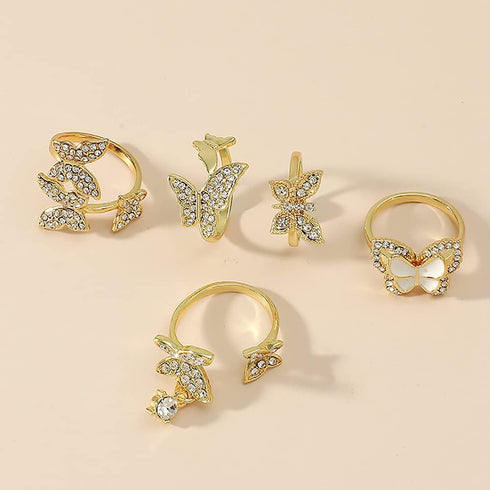 5 Pcs Butterfly Statement Rings Set for Women Girls Wedding Promise Engagement Cubic Zirconia Gold Plated Open Band Knuckle Rings Comfort Fit Fash...