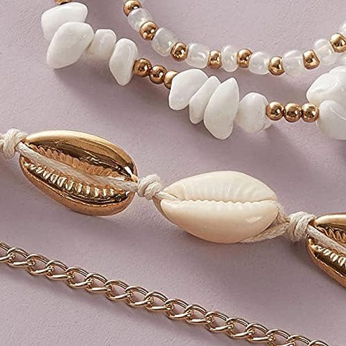 FUTIMELY Layered Gold Shell Ankle Bracelets Set for Women Teen Girls,Boho Dainty Handmade Seashell Gravel Bead Adjustable Gold Plated Anklet Set W...