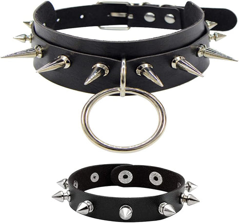 INENIMARTJ Gothic Spike Rivets Choker Necklace and Bracelet Set,Emo Choker Bracelet Set Punk Rock PU Leather Spike Collar Halloween Costume Cospla...