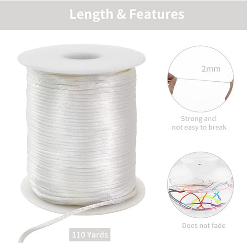 TONIFUL 2mm x 110 Yards Cream White Nylon Cord Satin String for Bracelet Jewelry Making Rattail Macrame Trim Cord Necklace Bulk Beading Thread Kum...