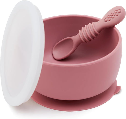 Baby Bowl and Spoon Set with Suction and Lid, Silicone Baby Food Bowl, First Stage Baby Feeding Set, Self Feeding Essentials for 6+ Months (Rose)...