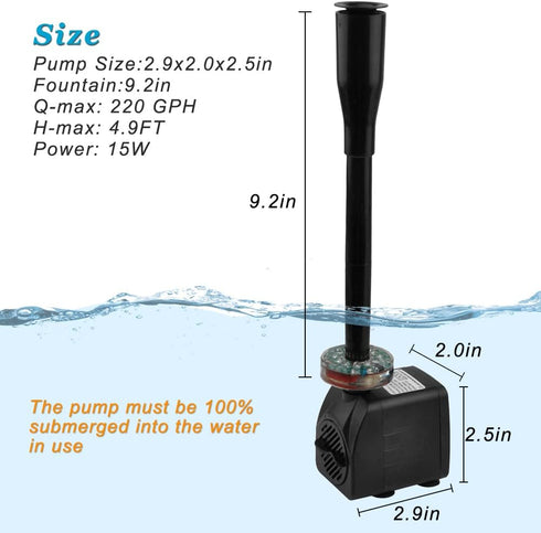 15W 220 GPH Submersible Fountain Pump with LED Light, Ultra Quiet Adjustable Water Pump (800L/H) for Water Feature, Hydroponics, Garden, Pond, Aqu...