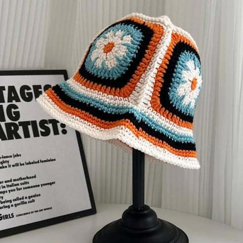 Crochet Knitted Hat Handmande Bucket Hat Summer Floral Beanies Cap (Orange)...