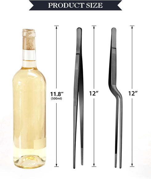 12-inch Cooking Tweezer and Offset Tweezer Set, Tongs Precision Serrated Tips, Stainless Steel Professional Chef Tweezer Kitchen Tools for BBQ, Pl...