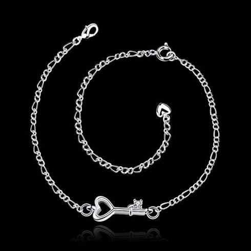925 Sterling Silver Adjustable Anklet Barefoot Sandal Beach Foot Chain Cute Love Key Zircon Pendant Adjustable Chain Anklet Bracelet...