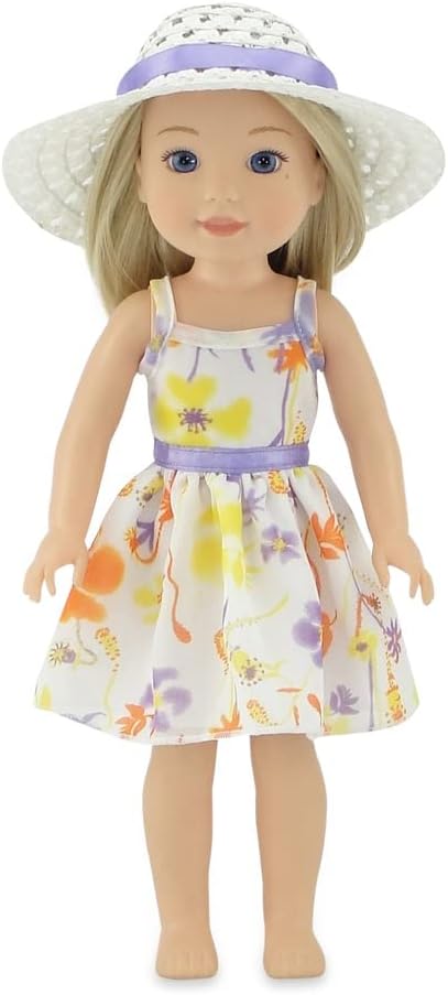 Emily Rose 14 Inch Doll Lovely Spring/Summer Chiffon Easter Dress with White Hat | Compatible with American Girl Wellie Wishers | 14-in Doll Cloth...