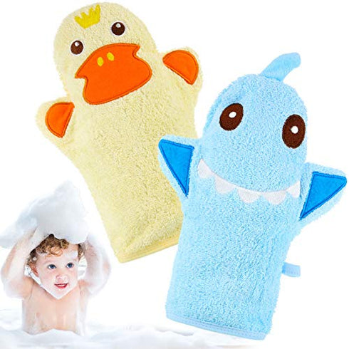 2 Pieces Baby Bath Mitt Washcloths with Cute Animal Designs Yellow Duck Shark Towel Gentle Soft Scrub for Toddler Bath and Shower...