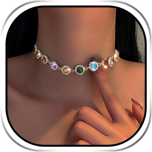 EARENT Colorful Crystal Choker Necklace Gold Rhinestone Chokers Sparkly Necklaces Chain Minimalist Prom Party Neck Jewelry for Women...