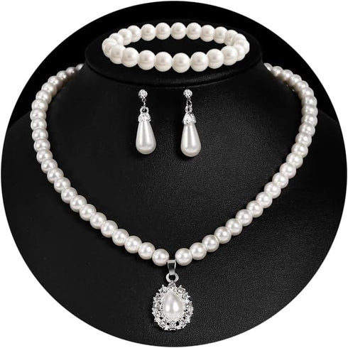 CSIYANJRY99 Pearl Necklace and Earring Set Faux Pearl Prom Jewelry Sets for Women Imitation Beaded Pearl Necklace Bracelet Stud Earrings for Women...
